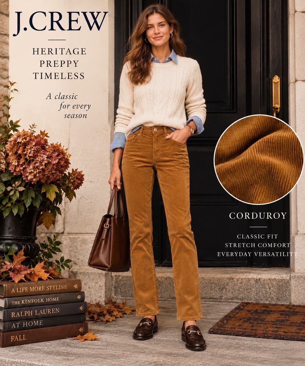 Heritage Preppy Fall Academia J.Crew Corduroy Straight Leg Pants Golden Brown 28